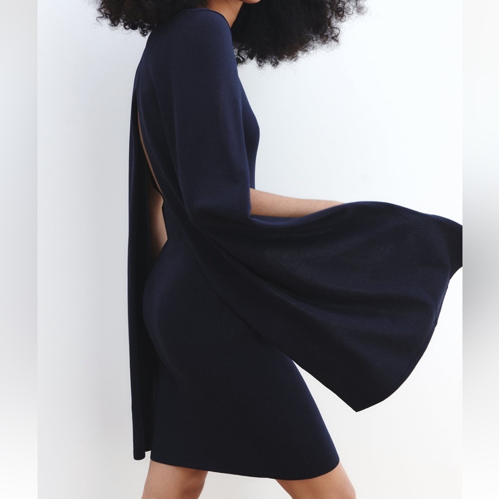 ZARA NAVY BLUE KNIT CAPE DRESS - Picture 4 of 9